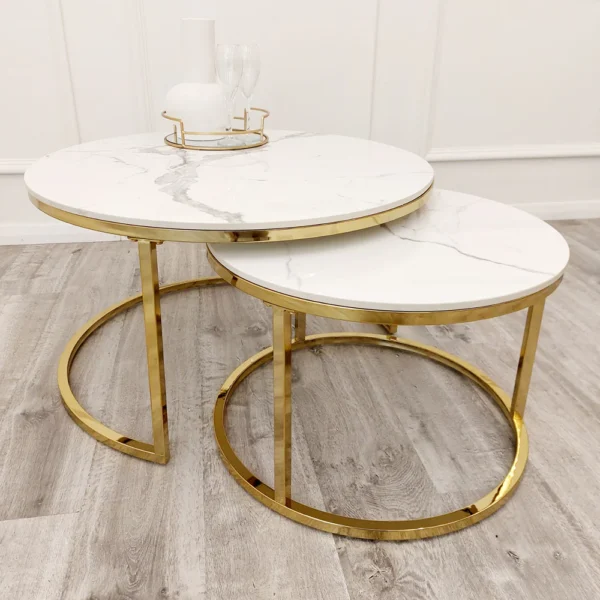 Cato Nest of 2 Short Round Coffee Gold Tables with Polar White Sintered Stone Tops