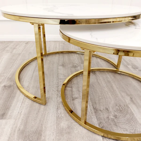 Cato Nest of 2 Short Round Coffee Gold Tables with Polar White Sintered Stone Tops - Image 2