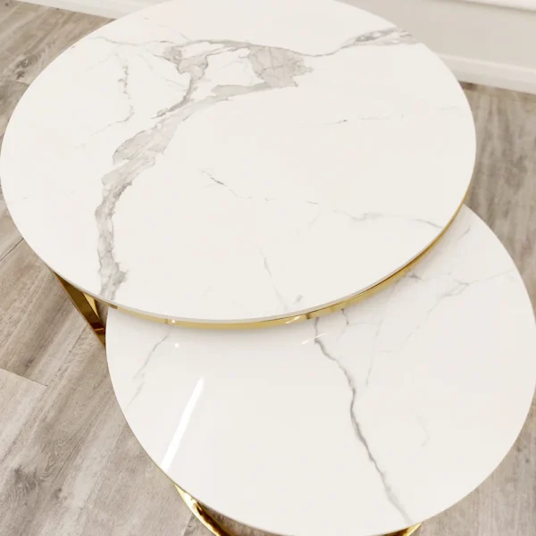 Cato Nest of 2 Short Round Coffee Gold Tables with Polar White Sintered Stone Tops - Image 3