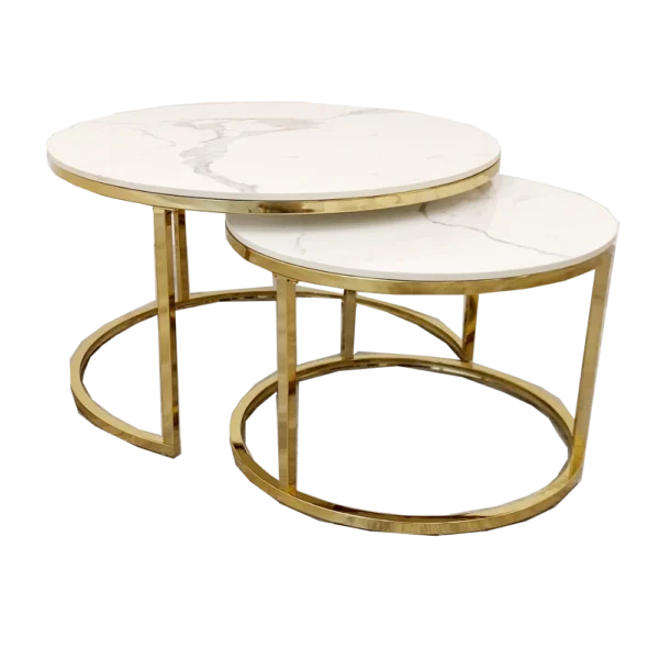 Cato Nest of 2 Short Round Coffee Gold Tables with Polar White Sintered Stone Tops - Image 4